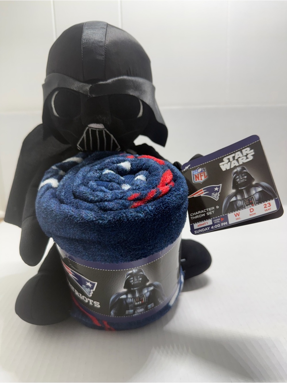NFL Star Wars Darth Vader Plush with Navy Blue & Red Patriots Throw